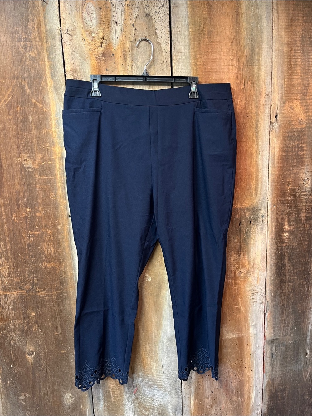 Premise Embroidered Hem Crop Pull On Pants Size XL Vacation Chic Navy Blue